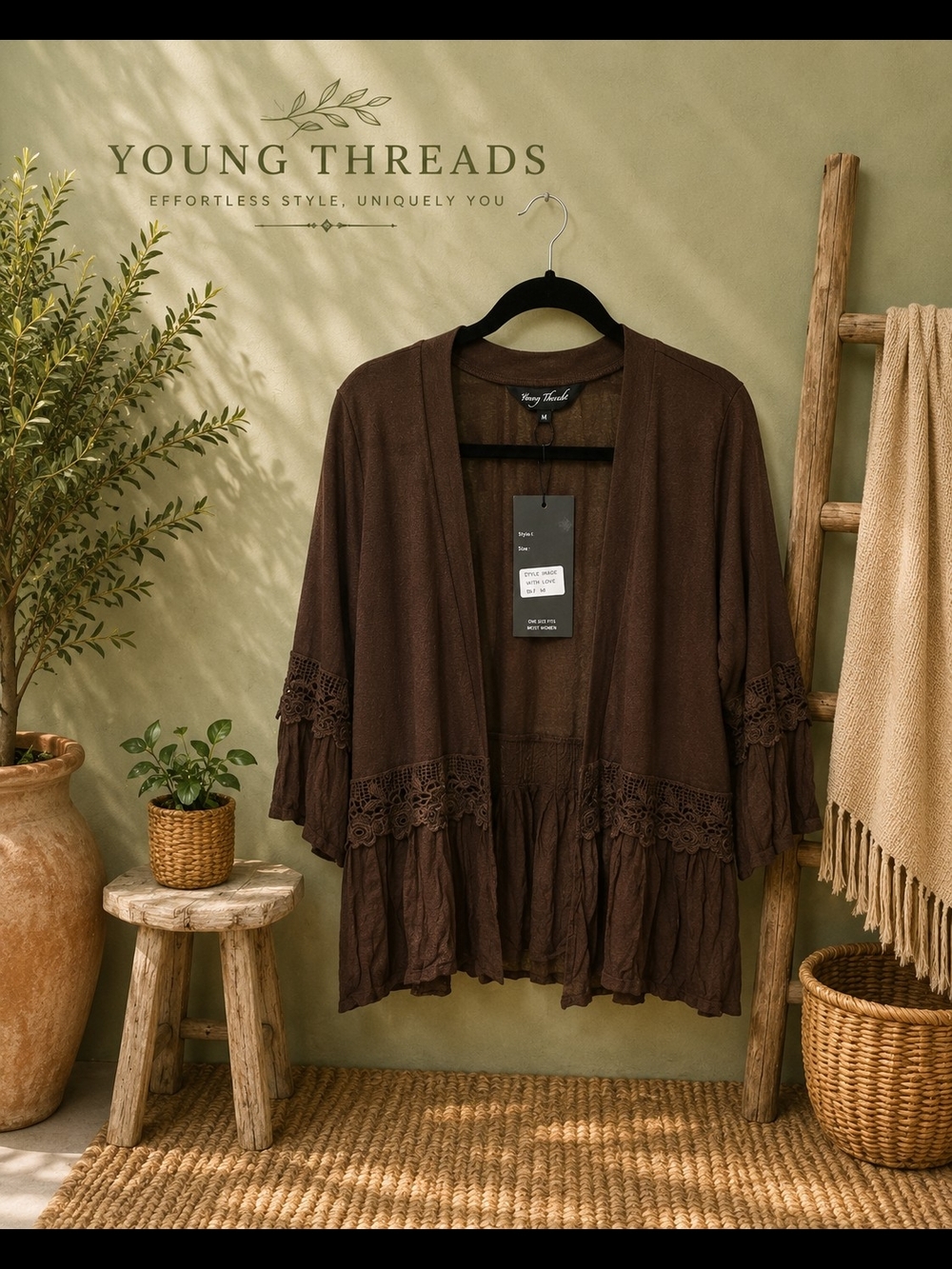 185 Young Threads Women's Brown Crochet-Trim Open Cape